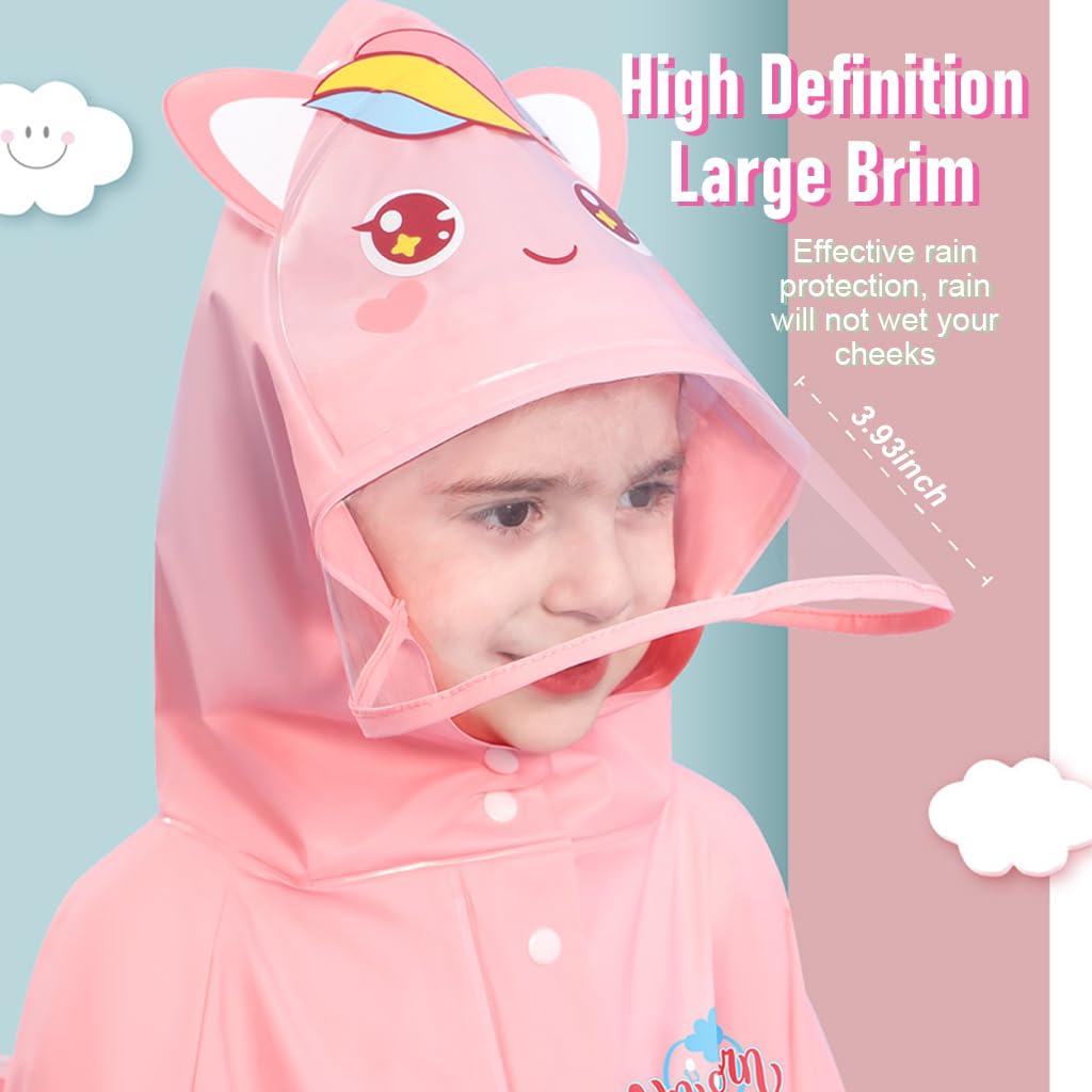 SNOWIE SOFT® Hooded Raincoat for Kids Wide Brim Hooded Raincoat EVA Knee Length Raincoat with Storage Bag  Cartoon Unicorn Print Raincoat for Kids 3-4 Years Old, M, Recommended Height 85-105cm