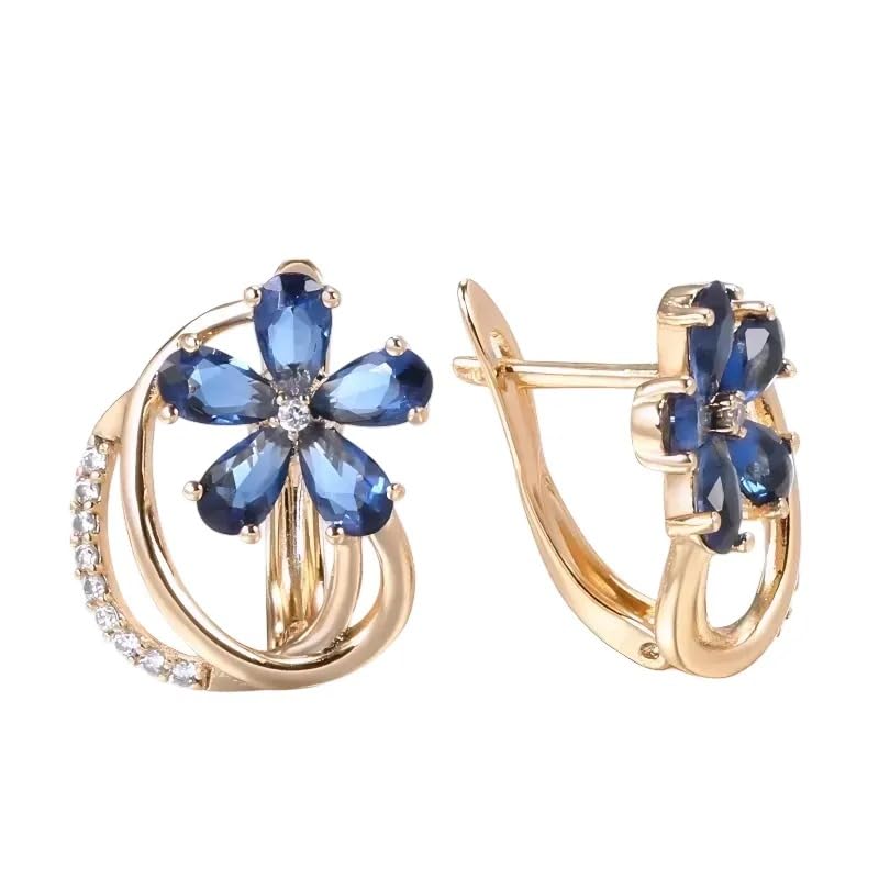 ZIBUYU® Gemstone Earrings For Women Geometric Blue Zircon Flower Clip Gold Color Vintage Jewelry Party Accessories