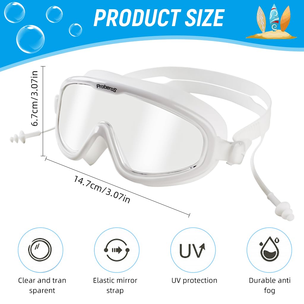 PROBEROS Swim Goggles for Men and Women with Anti-Fog UV Lens and Leakproof Silicone | White