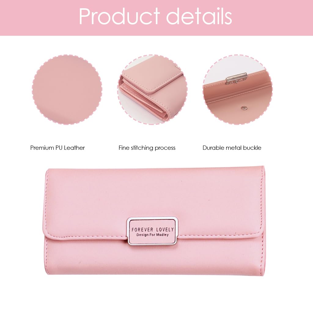 ZIBUYU Hand Purse for Women featuring 10 Card Slots and Zipper Pocket in Pink PU Leather | 19cm x 9.5cm Travel Wallet