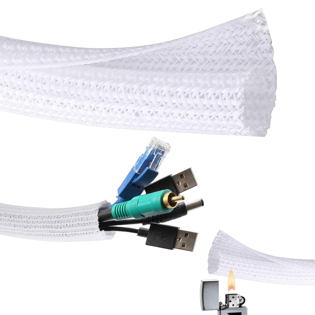 Supvox Cord Protector Wire Loom Tubing for Home and Office Cable Management 6.6ft | Self-Closing Polyester Sleeve White