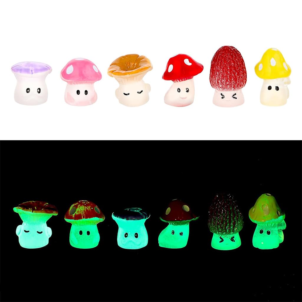 HASTHIP® 6Pcs Mini Luminous Mushrooms Plant Miniature Moss Landscape Decorations Resin Miniature Decor for Moss Landscape, Garden Ornament, Flower Pots, Dollhouse Garden Decorations, 1.2x1.6cm