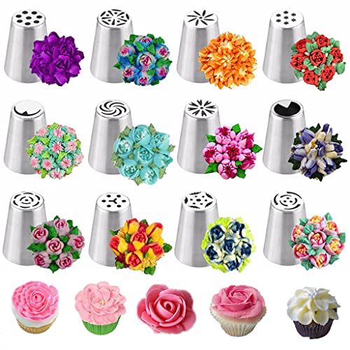 HASTHIP® 12 Pcs Cake Nozzle Piping, Stainless Steel Nozzles Set for Cake Decoration, Flower Tips Nozzles Icing Tips for Cake Decorating Tips Kit, Baking Supplies for Cookie Cupcake, Cake Making Set