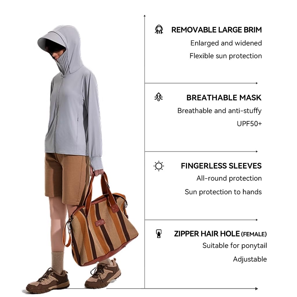 Venzina Women's UPF 50+ Sun Protection Jacket for Hiking with Detachable Brim and Pockets | Light Gray 2XL