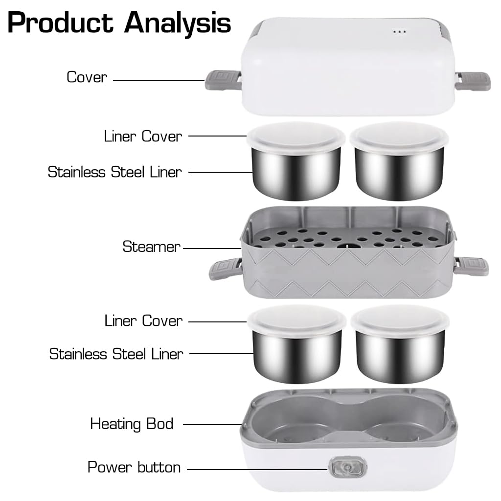 Supvox Electric Lunch Box for Home Office Travel with 4 × 500 ml Bowls and Dual Layer Heating | 304 Stainless Steel Food Warmer