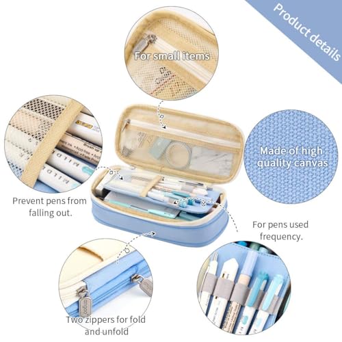HASTHIP® Large Capacity Pencil Case, Durable Storage Multiple Compartment Double Zipper Portable Capacity Pencil Pouch for College Student Teen, 22x11cm (Light Blue) 2 PCS