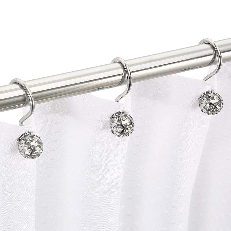 HASTHIP® 12 Pack Silver Shower Curtain Hooks Rings, Metal Rustproof Shower Hangers Rings, Household Shower Curtain Hooks for Bathroom Curtains Rods Hollow Ball Design