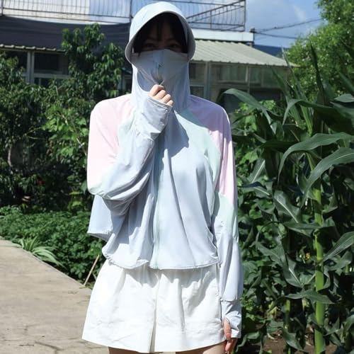 PALAY® Woman Sun Protection Hoodie Jacket Lightweight UPE50 Sun Blocking Coat with Pocket Long Sleeve Shirt Hiking Outdoor Face Mask 3 PCS