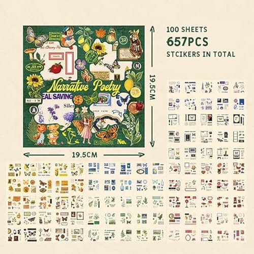 ZIBUYU® Vintage Nature100 Sheets Nature Stickers Set, 640 Pcs PET Vintage Aesthetic Flower, Butterfly, Mushroom, Plant Stickers for Scrapbook, Journals, DIY Crafts, Phone, Laptops, Multicolor, 8x8cm