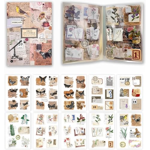OFIFO® 120Pcs DIY Scrapbooking Stickers, Vintage Junk Journal Stickers, Assorted Scrapbooking Stickers, PET Adhesive Decorative Crafting Stickers for Journals, Planners, Albums, and Gift Wrapping