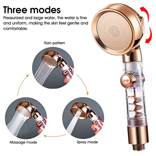 HASTHIP® Water-Saving Shower with Filter Cotton, Turbo Rotating Fan Handheld Shower, Hand Shower for Bathroom with Pause Switch Turbocharged Plating, 3 Water Column Modes (Gold)