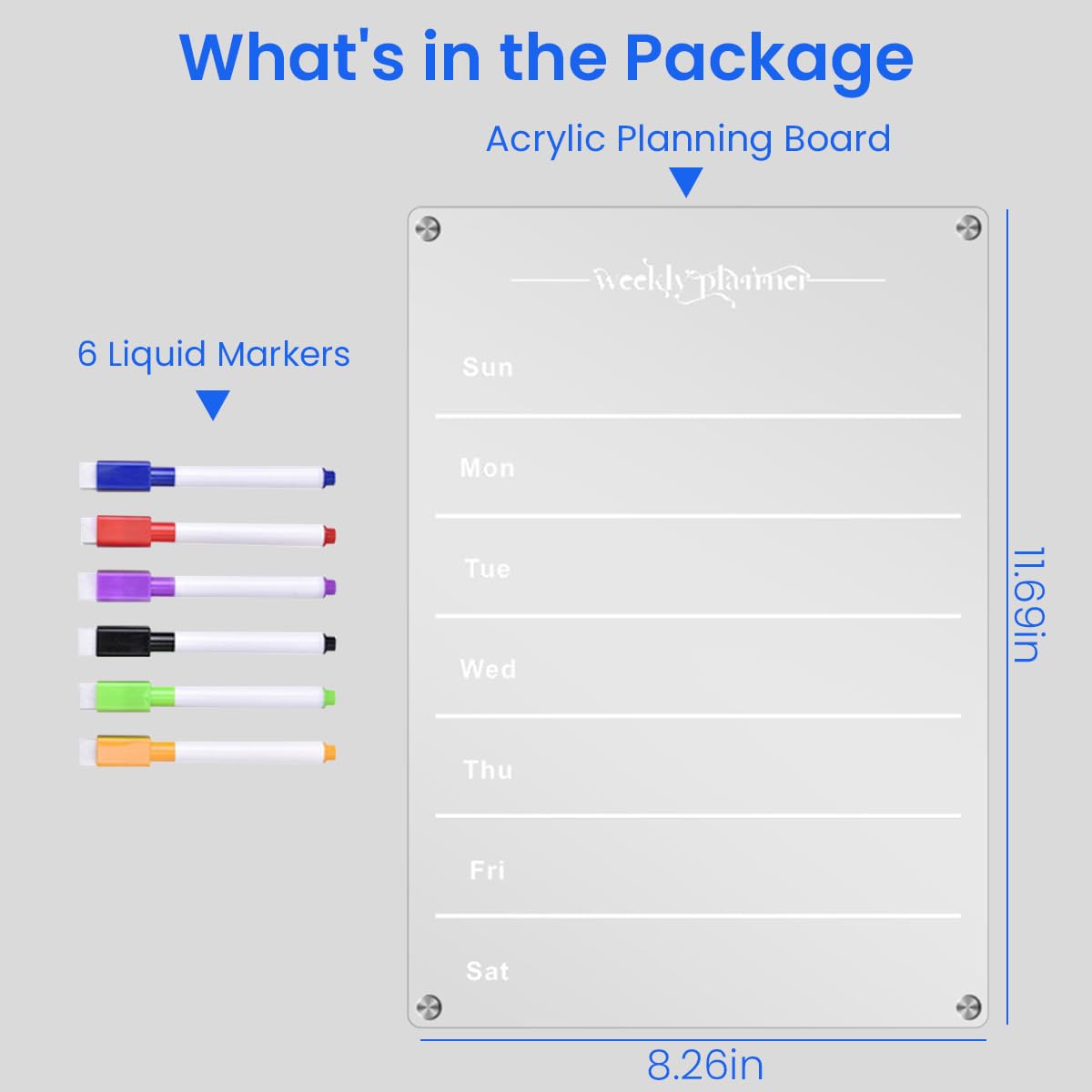 Venzina Acrylic Glass Board Weekly Planner for Fridge with 6 Color Pens 11.69x8.27 in | Clear Magnetic Meal Calendar for Kitchen