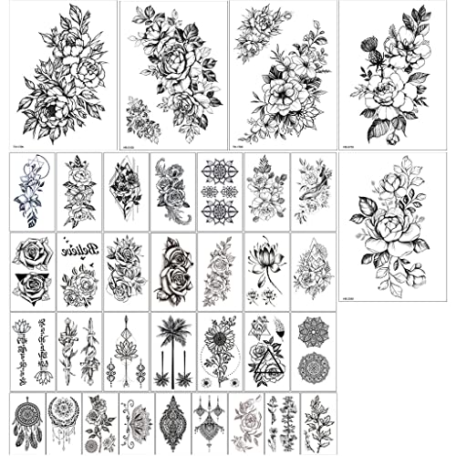 HASTHIP® 35 Sheets Waterproof Roses Flowers, Butterflies Temporary Assorted Tatto Sticker for Body Art