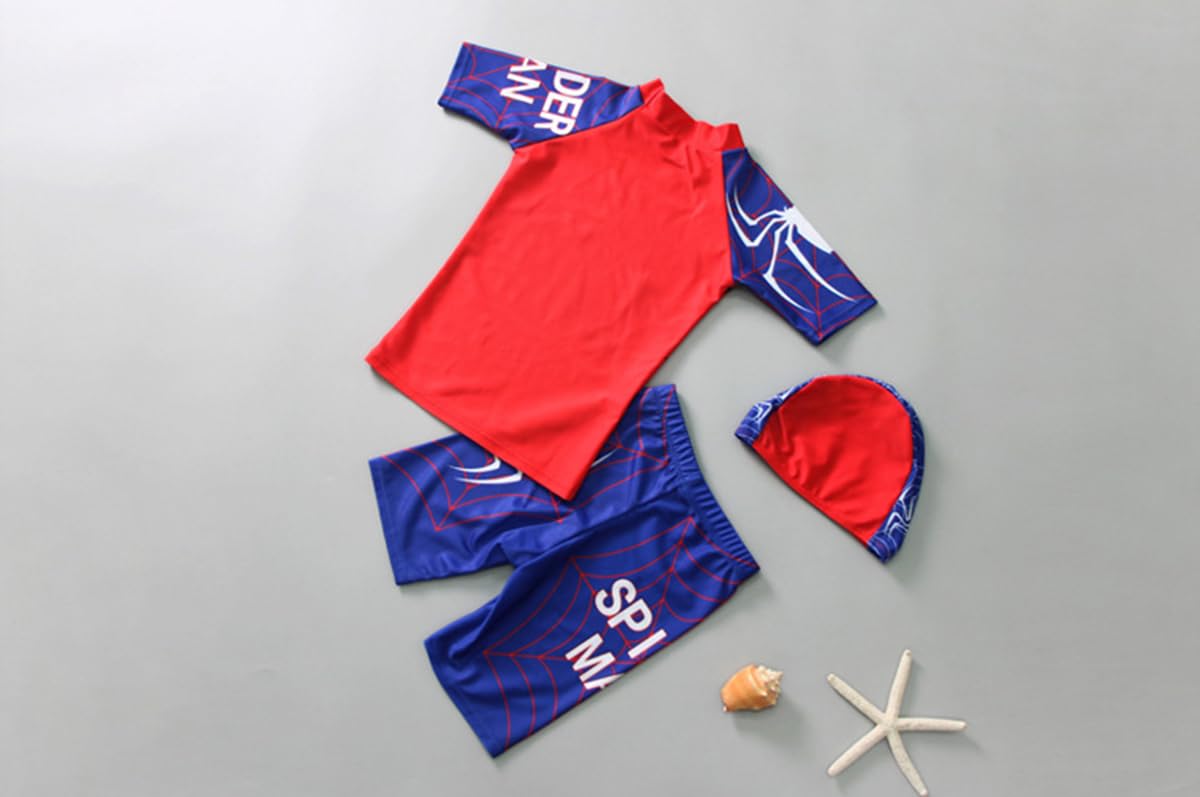 SNOWIE SOFT Swimming Costume for Boys, UPF 50+ Spiderman Print Swimsuit Set with Shirt, Swim Trunks & Swim Cap, Swim Suit for Kids Boys 6-7 Years Old