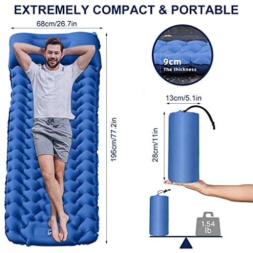 Proberos® Polyurethane Air Mattress with Pillow Built-in Foot Pump Portable Folding Camping Sleeping Bed Inflatable for Backpacking Hiking Traveling Tent Car Blue Single A 2PCS