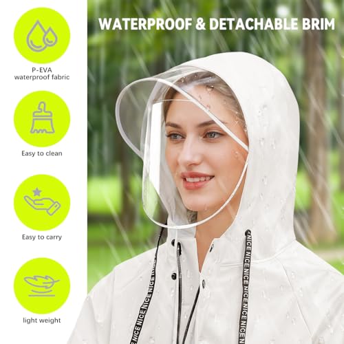 PALAY® Women Rainwear Long Waterproof EVA Hooded Rain Coat with Wide Brim Detachable Clear Face Cover Zip and Buttons Riding Outdoor Windproof Length 113CM 2 PCS