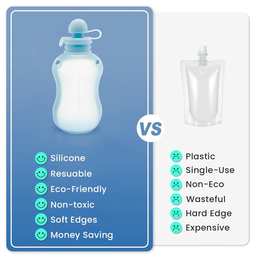 SNOWIE SOFT Reusable Baby Food Pouches 120ml with Spoon for Toddlers | Silicone Green