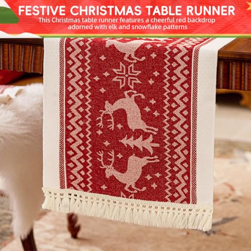 HASTHIP® Christmas Table Runner 35x180cm Festive Red Elk Snowflake Pattern Table Cloth Tassel Edge Design,Waterproof Cotton and Linen Christmas Runner for Party,Gathering