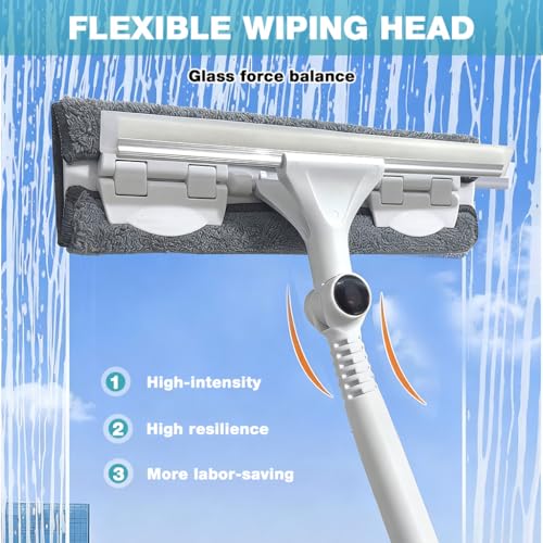 HASTHIP® 53.9'' Long Handle 2-in-1 Double-Sided Glass Window Cleaning Mop with Microfiber Mop Head & Water Wiper, Flexible Pivoting Angle, Wet & Dry Use for Household and Car Washing