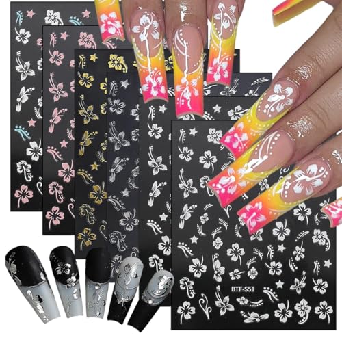 MAYCREATE 6Pcs Hibiscus Flower Nail Stickers, Nail Decals 3D Self-Adhesive Flower Pattern Summer Hibiscus Nail Design French Tip Nail Stickers Summer DIY Nail Decoration for Women
