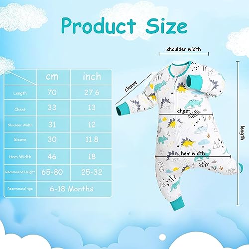 SNOWIE SOFT® Baby Sleepsuits Sleeping Bag with Feet 0.5 TOG Wearable Blanket Baby with Long Sleeve Sleep Sack for Infant Toddler 100% Cotton Walking Sleeping Pajamas for Girl Boy 6-18 Months Dinosaur