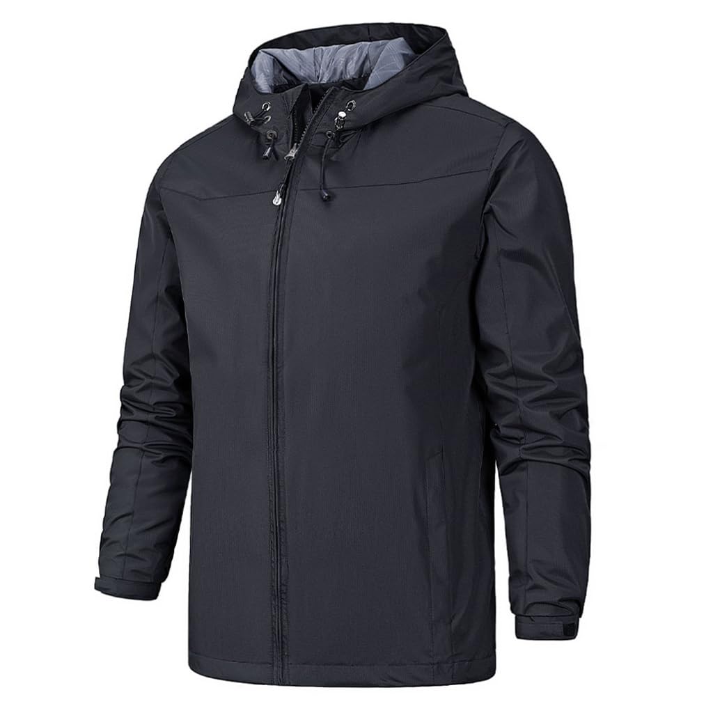 Proberos Outdoor Jacket for Men with Drawstring Hood and Pockets | Lightweight Windproof Polyester Coat Size L