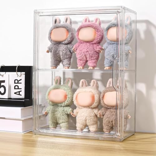 HASTHIP® PET Display Box for 4'' Collectible Figures, Double Layer Display Closet with Door, Desk/Wall Clear Sealed Display Stand with Flexible Shelf, 27x14x36cm