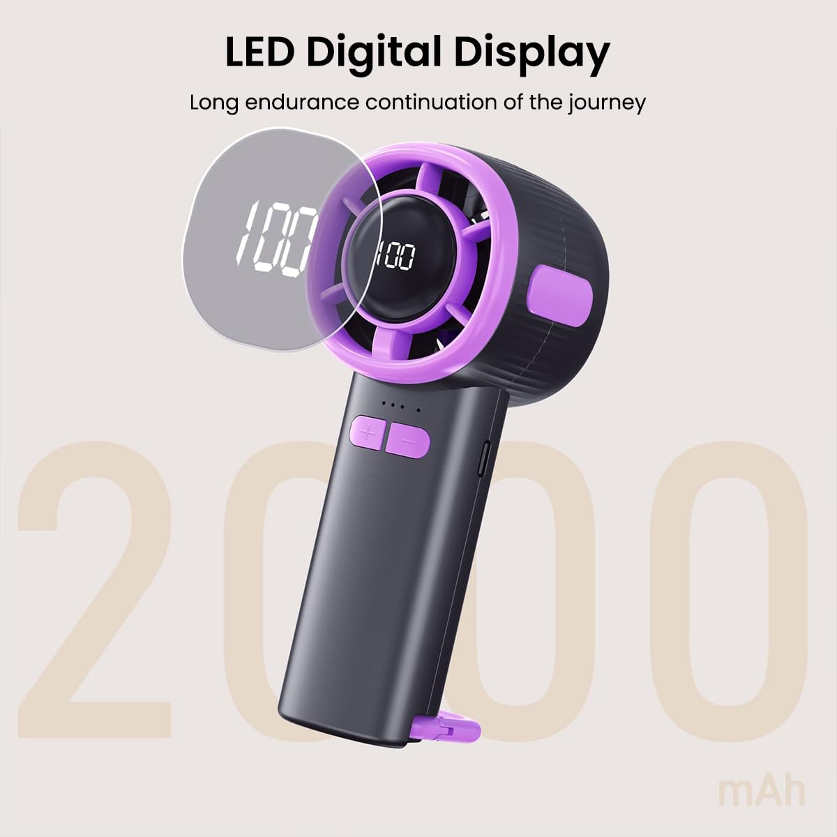 Verilux USB Handheld Fan for Travel and Hiking with 6.4x15.2cm Compact Design | Stepless Airflow & Digital Display