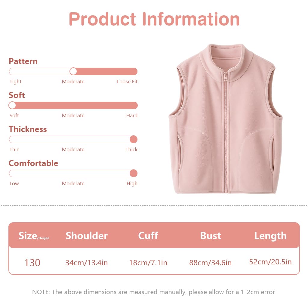 SANNIDHI Kids Sleeveless Jacket for Fall and Winter with Full Zip and Pockets | 130 cm Pink Fleece Vest