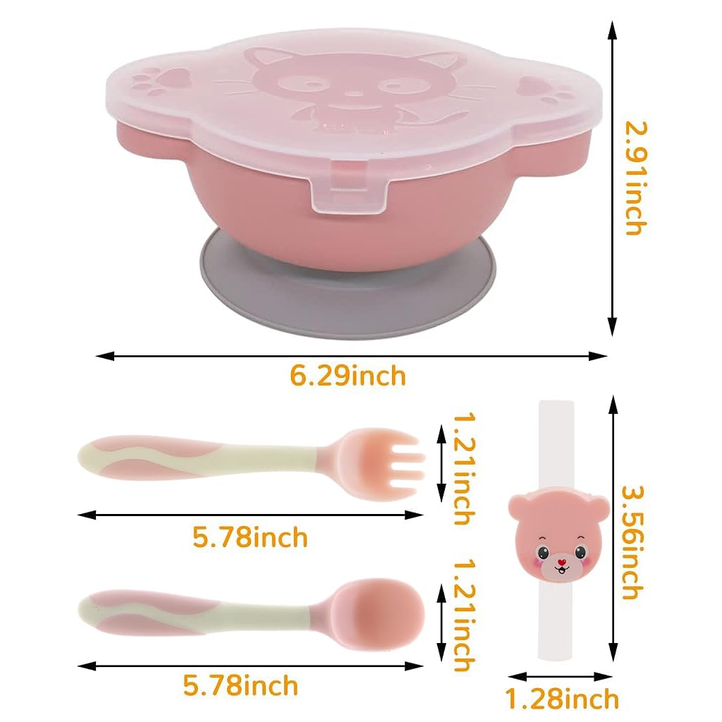 SNOWIE SOFT® Suction Plates for Baby Divided Plate with Cover, Fork, Spoons and Straws- Suction Cup Bowl, Set- Self Feeding for Toddler -Training Dinnerware 4-Piece Set - BPA Free