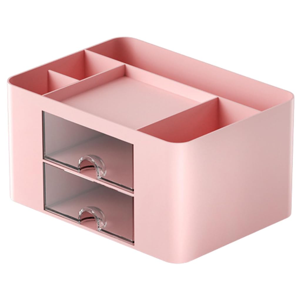 Zibuyu Desk Organiser for Office Table with 2 Drawers and 5 Compartments in Pink | ABS Storage Box for Stationery and Makeup
