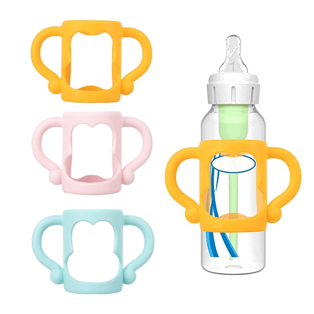 SNOWIE SOFT® 3Pcs Baby Bottle Sleeves with Ears Removable Silicone Baby Bottle Holders Fit 8 oz/250ml Milk Bottle Anti-Slip Baby Bottle Holder with Ears Baby Bottle Holders for Self-Feeding