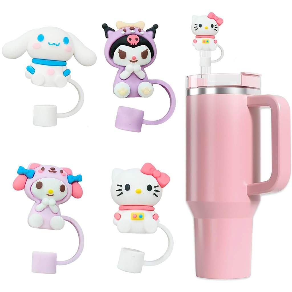 HASTHIP® 4Pcs Kawaii Straw Lids Sanrio Series Drinking Straw Lids Anti-lost Kids Straw Lids Universal 10mm Straw Lids Straw Cap for Stainless Steel Straw, Straight Straw, Curved Straw, Glass Straws