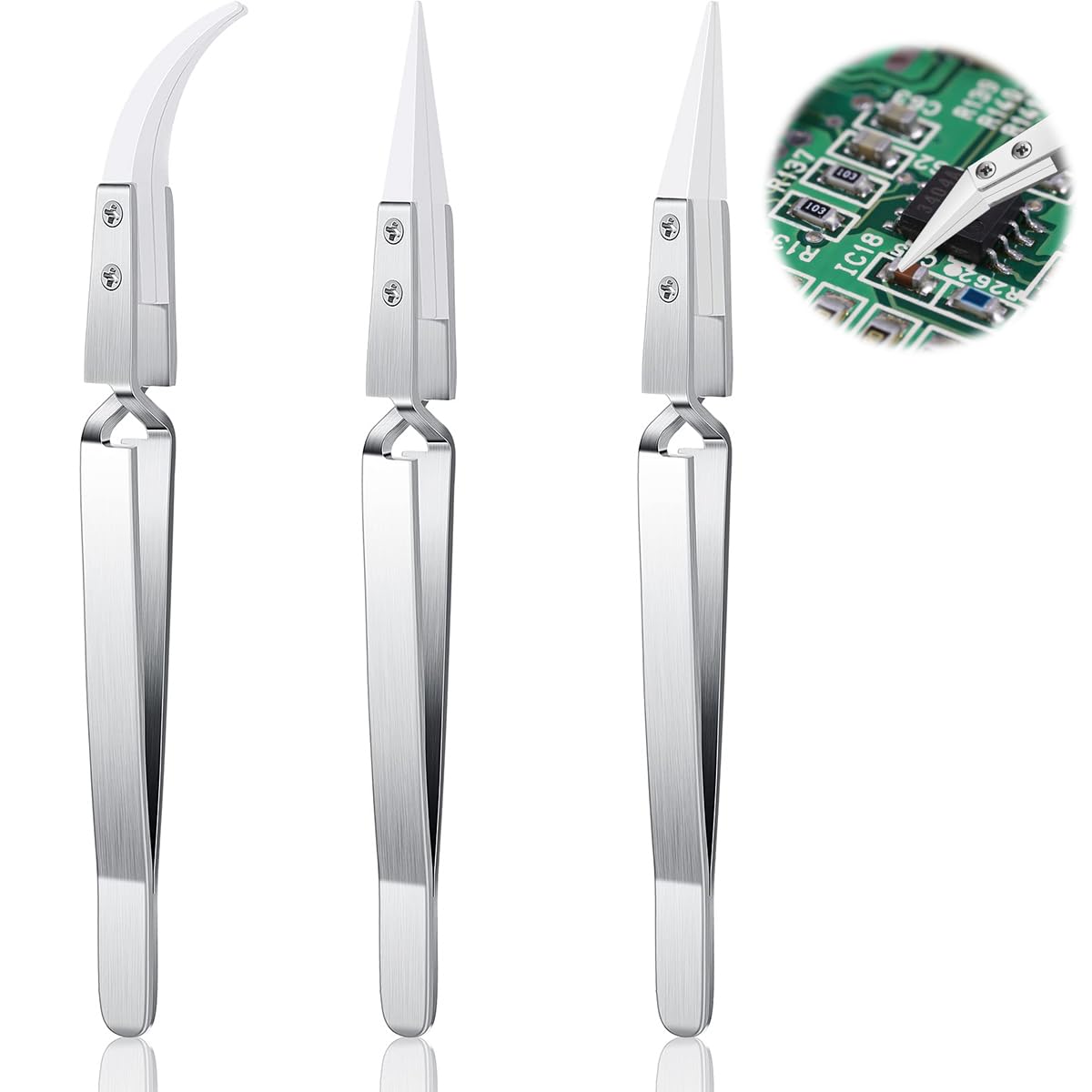 Serplex Electronics Tweezers 3pcs for PCB and 3D Printing featuring Heat Resistant Non Conductive Ceramic Tips