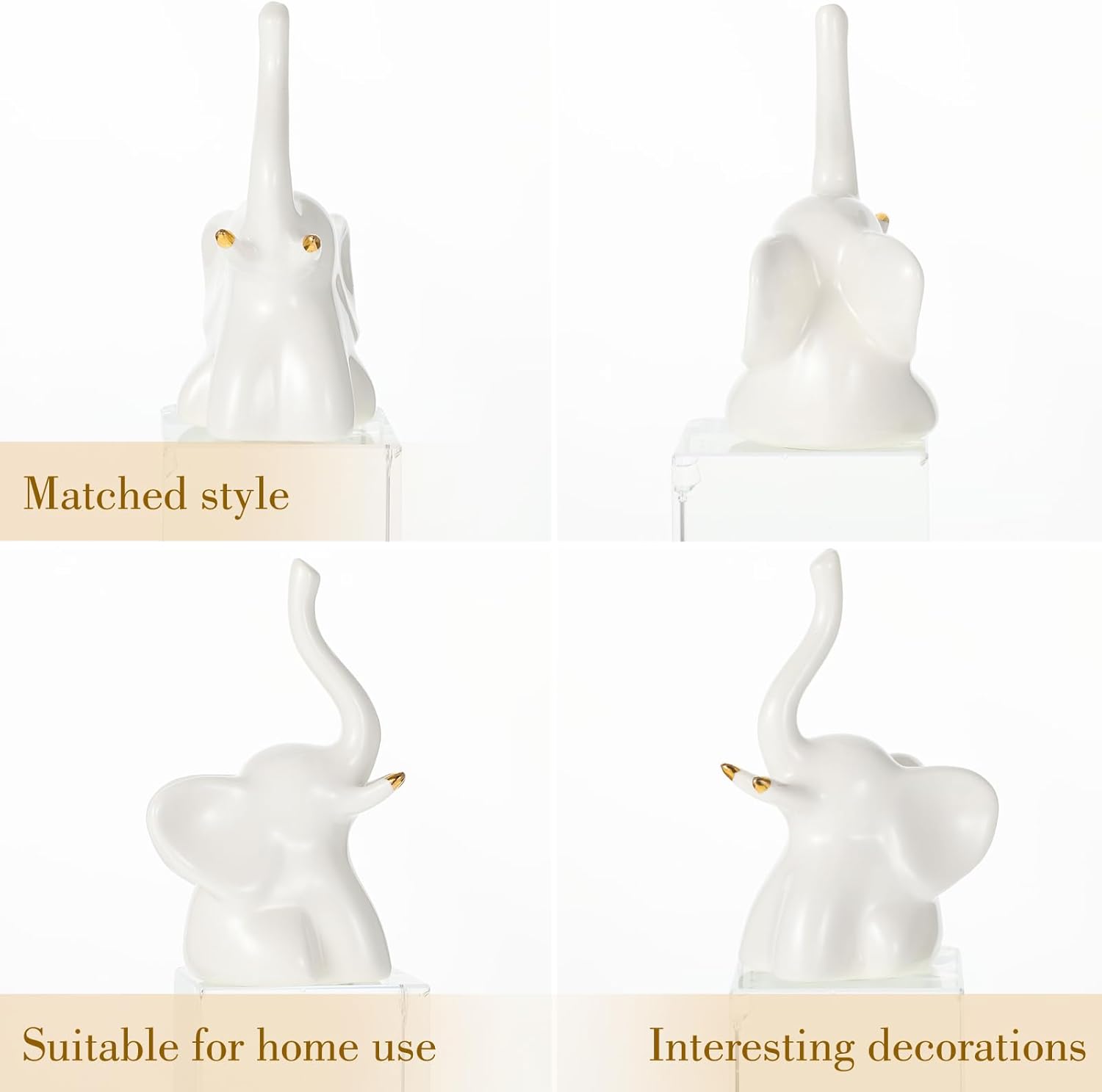 ZIBUYU® 2Pcs Little Elephant Desk Decor Sleek Ceramic Aesthetic Little Elephant Ring Holder Home Gift Jewelry Accessories Car Charm, 6x9.5cm, Golden & White