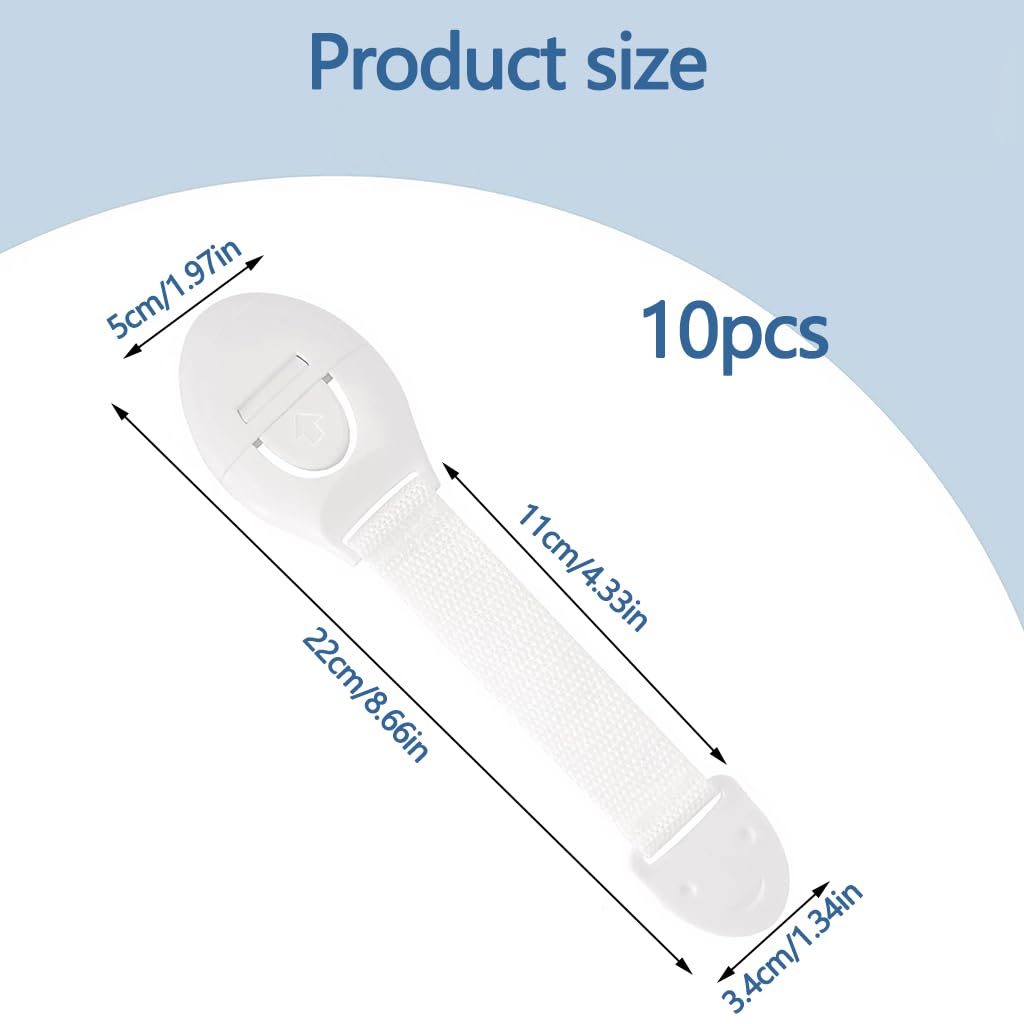 ZIBUYU Child Safety Cabinet Locks 10 Pcs for Cabinets and Drawers with Adhesive Strap | White