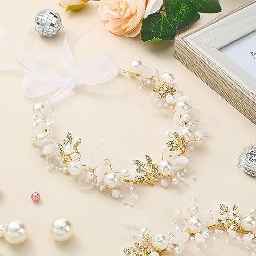 Venzina® Flower Crown for Girls Pearl Crystal Tiara Crown Hairband for Girls Women Stylish Floral Princess Hair Band for Girls Kids, Gold Party Dress Up Wedding Bridal Headband