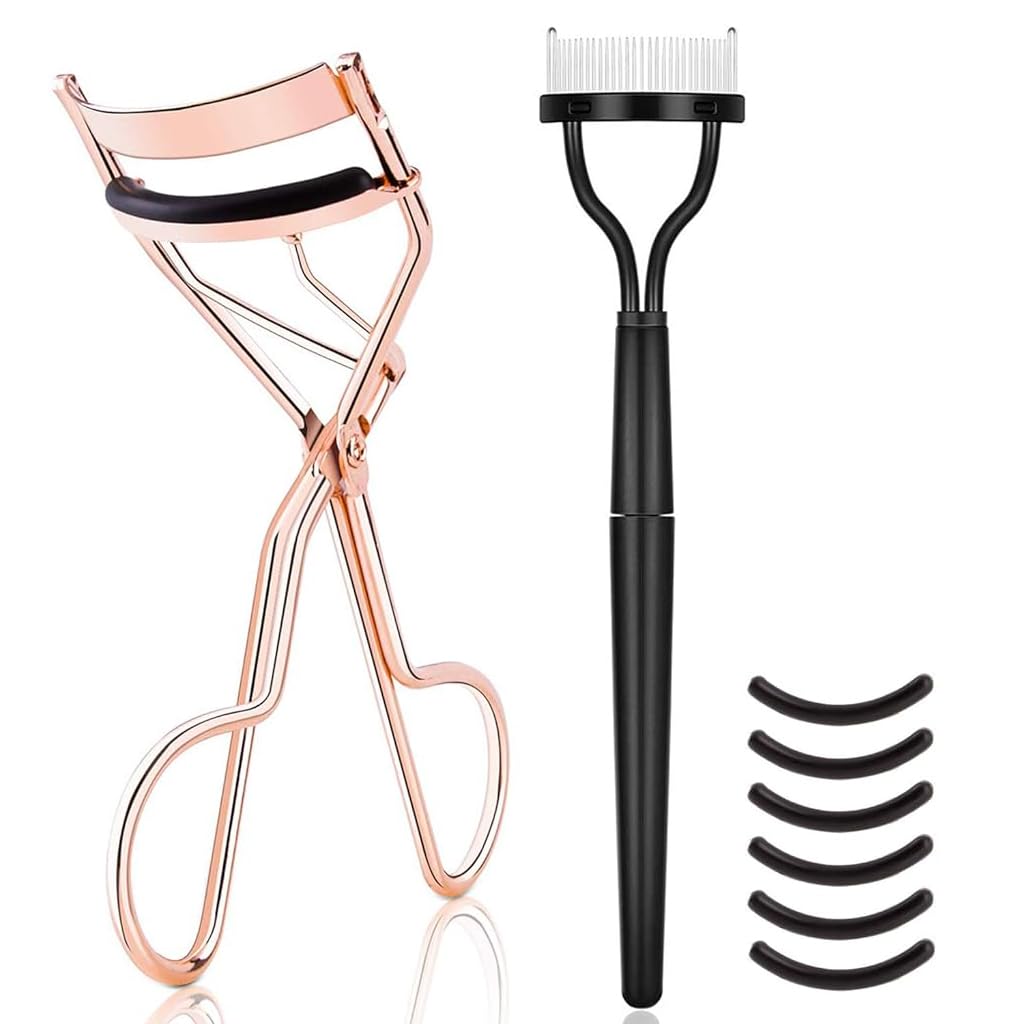 MAYCREATE® Eyelash Curler for Women Lash Curler Kit, Includes Metal Eyelashes Curler, Folding Separator Comb & 6 Replacement Rubber Refill Pads Combo Kit