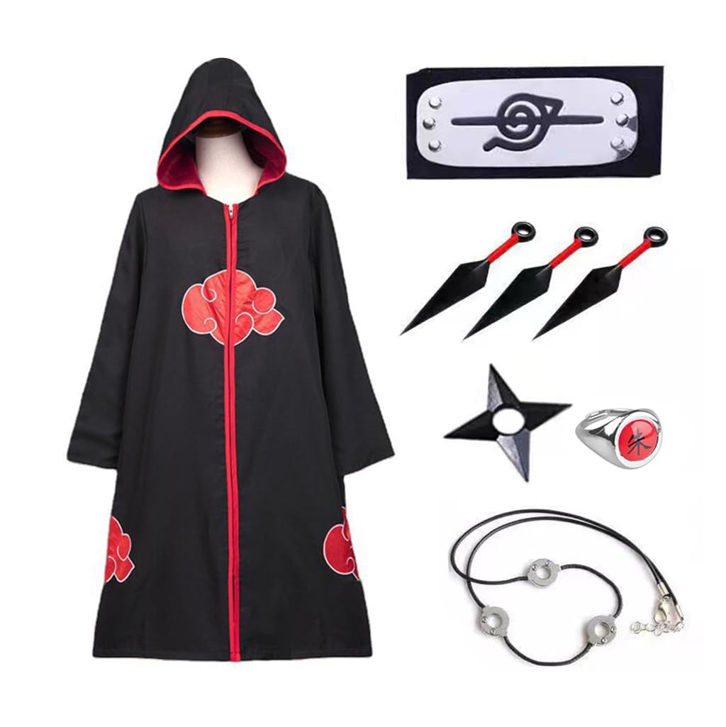 PATPAT® Hooded Akatsuki Cloak Itachi Uchiha Cosplay Costume Long Cape Full Set, Anime Cosplay Costume for Men Women Akatsuki Dress for Party Halloween - Size L, Suitable for Height 165-170cm