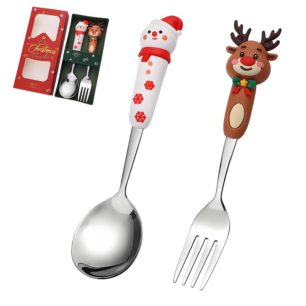 HASTHIP Christmas Spoon and Fork Set 2PCS for Holiday Dining with Elk and Snowman Toppers | Stainless Steel Silver Flatware Gift Box