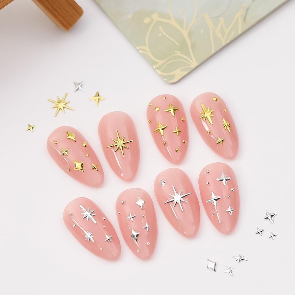 MAYCREATE Star Nail Charms Set for Acrylic Nails featuring 850PCS 3D Gold Silver Metallic Studs
