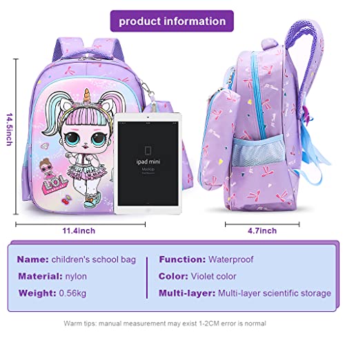 PALAY® Small Backpack for Girls with Pencial Case Violet Cartoon Print Waterproof School Backpack for Girls School Bag for Girls Kids for 3-5