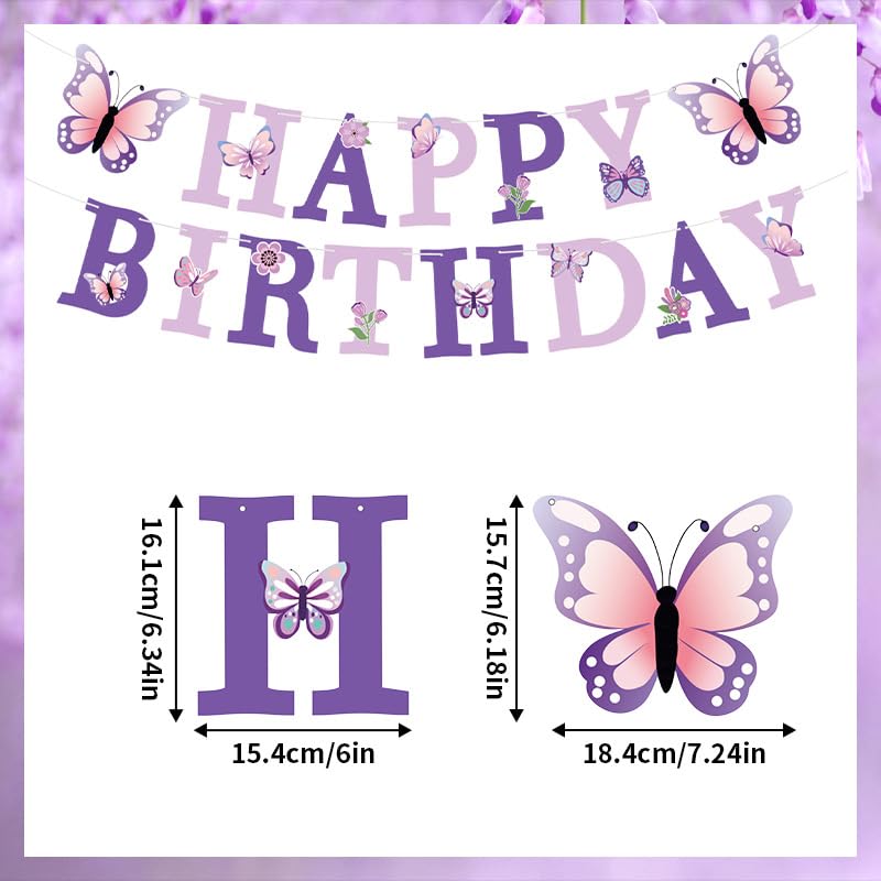 HASTHIP® Birthday Party Supplies Party Room Background Decor, Purple Dreamy Butterfly-Themed Happy Birthday Banner, 6Pcs Floral Butterfly Spiral Hanging Decoration, 12Pcs Decorative Cake Topper