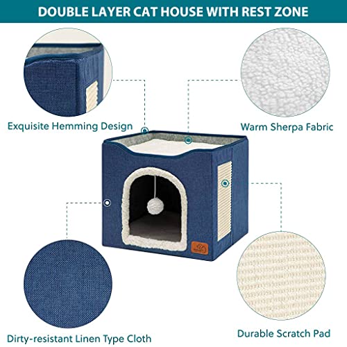 Qpets® Cat Beds for Large Cats House Cave with Fluffy Ball Hanging Toy and Scratch Pad Foldable Hideaway Blue 16.5x16.5x14 inches 3 PCS