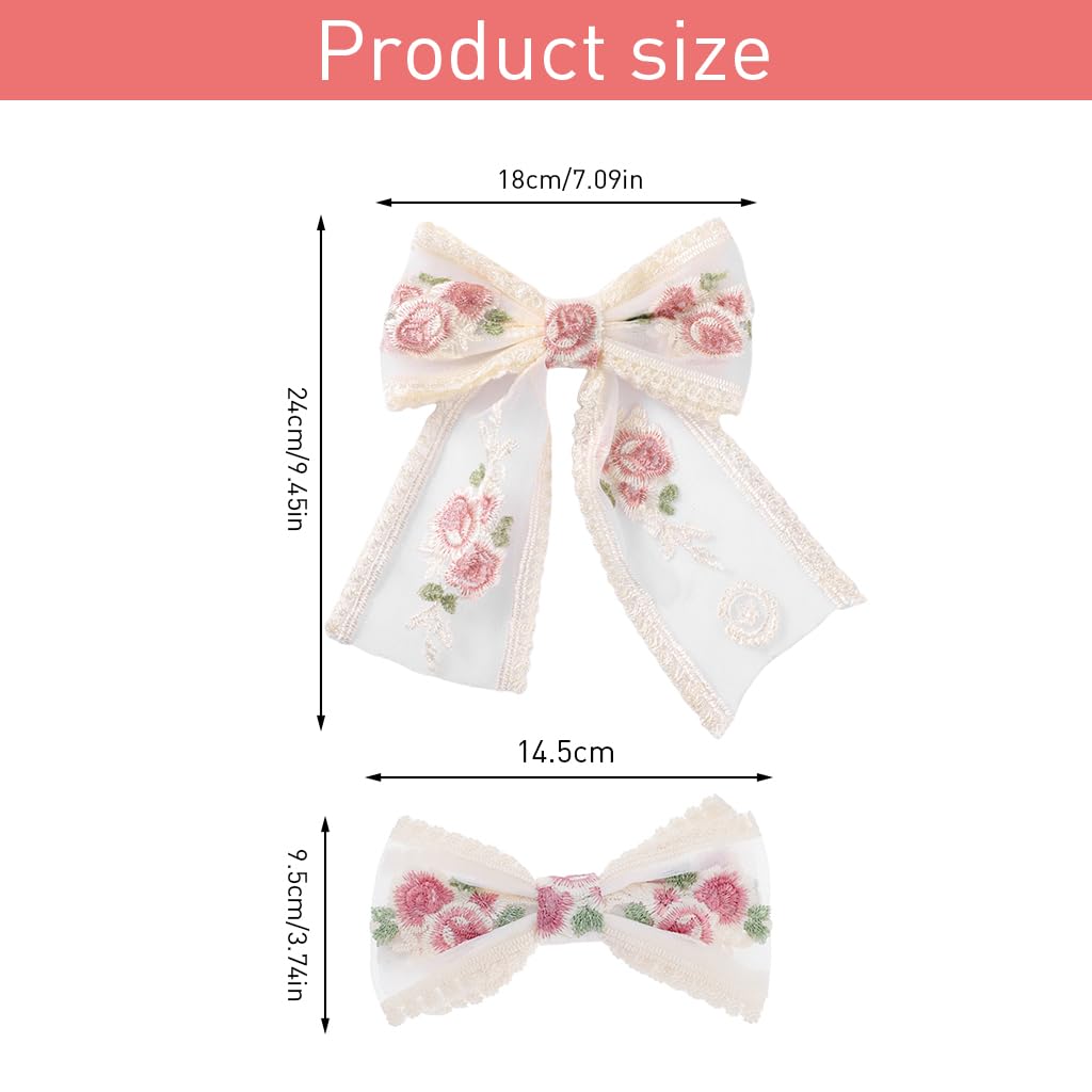 Venzina® 2 Pcs Bow Clips for Women Girls Stylish Lace Large Embroidery Flower Hair Bows with Long Tail Elegant Bow Hair Clips Barrettes Cute Hair Accessories for Women