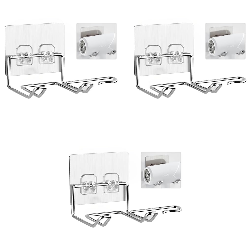 HASTHIP® Hair Dryer Holder Wall Mount Stand Bathroom Self Adhesive Waterproof Rack Organizer Hanger Suitable for Most Models and Brush Curling Iron Straightener silver 3PCS