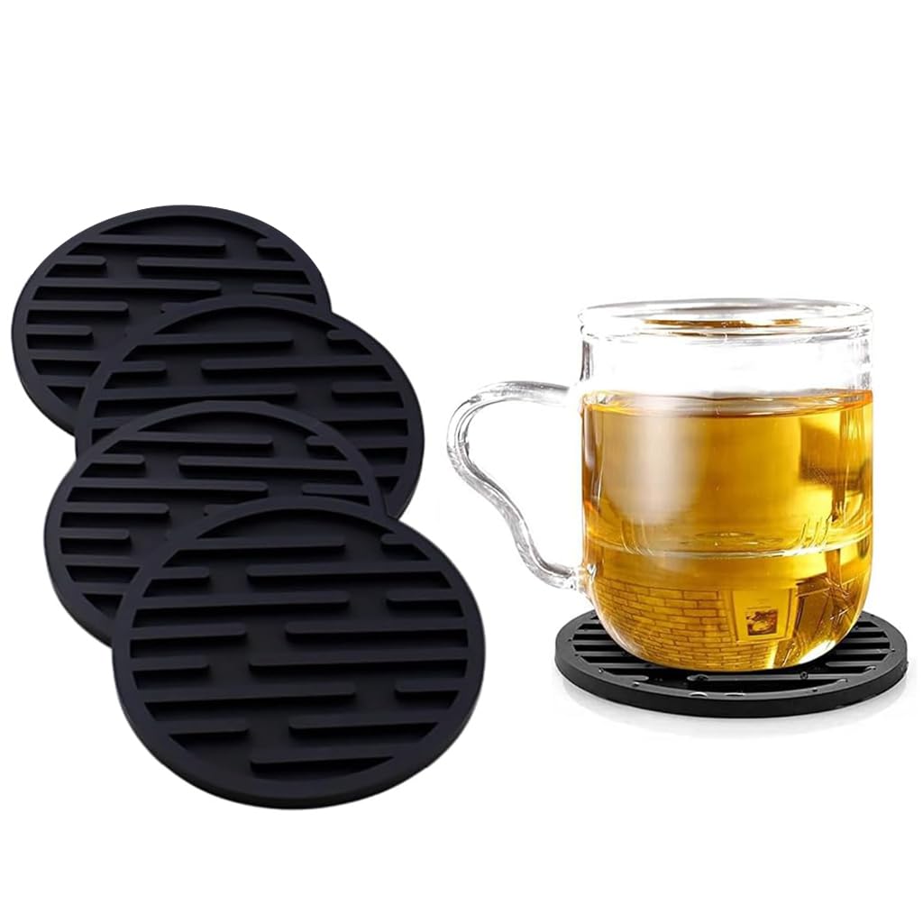 ZIBUYU Cup Coasters for Drinks featuring Water Catching Grooves 3.93 in Silicone Set | Black 4 Pcs