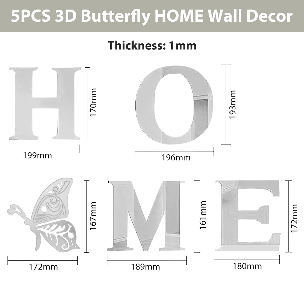 Supvox® Silver Home Wall Decor Acrylic Mirror Wall Sticker 3D Butterfly HOME Wall Decor for Living Room, Doorway, 100x34.5cm