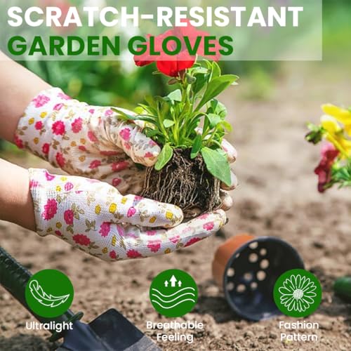 HASTHIP® 6 Pairs Gardening Gloves Women Fashion Floral Print Nylon Snug Fit Work Full Palm Anti-Slip Utility Protective One Size 2 PCS
