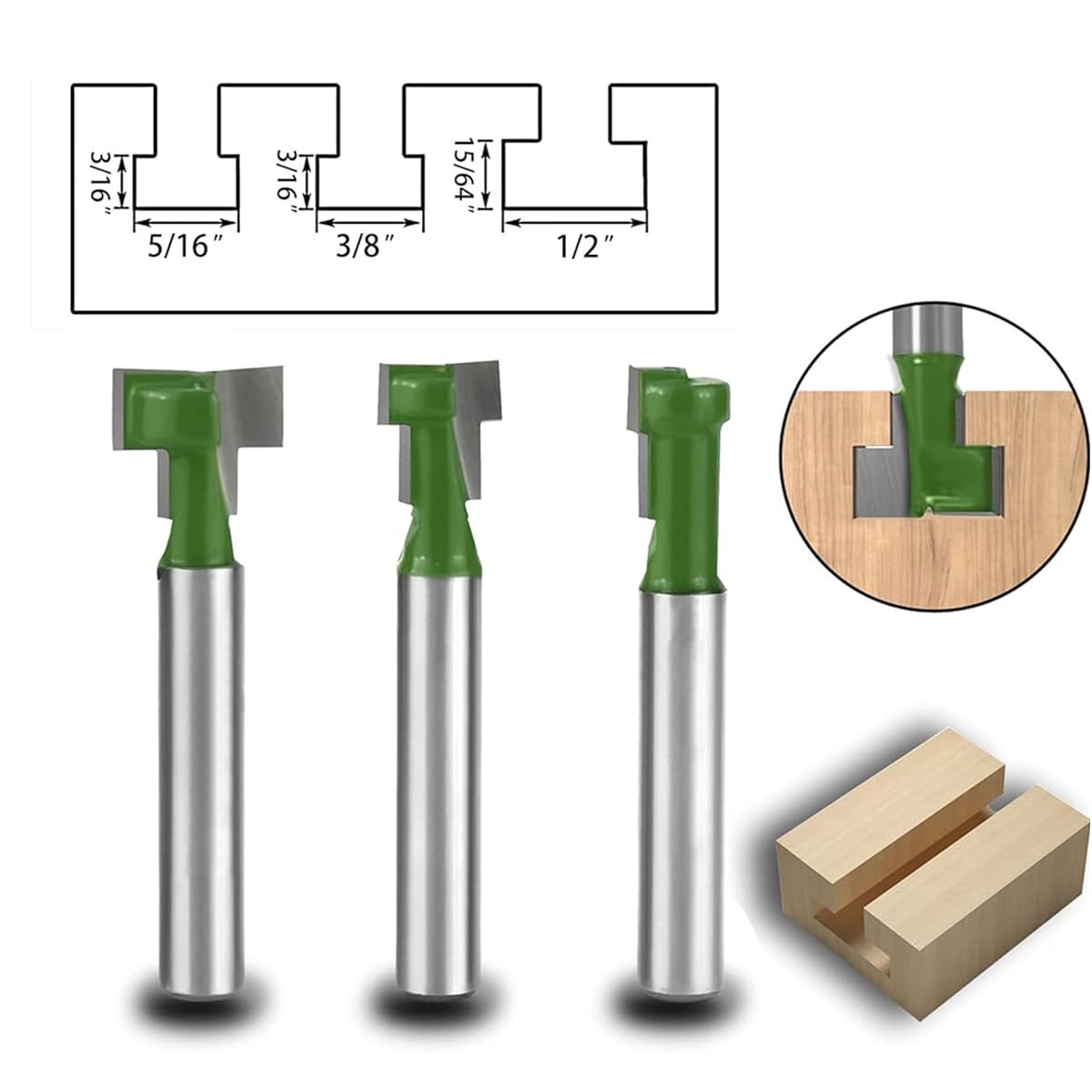 Serplex Router Bit Set for Woodworking with 1/4 in Shank & 3 Sizes 5/16 3/8 1/2 in | Precision T Track Cutting
